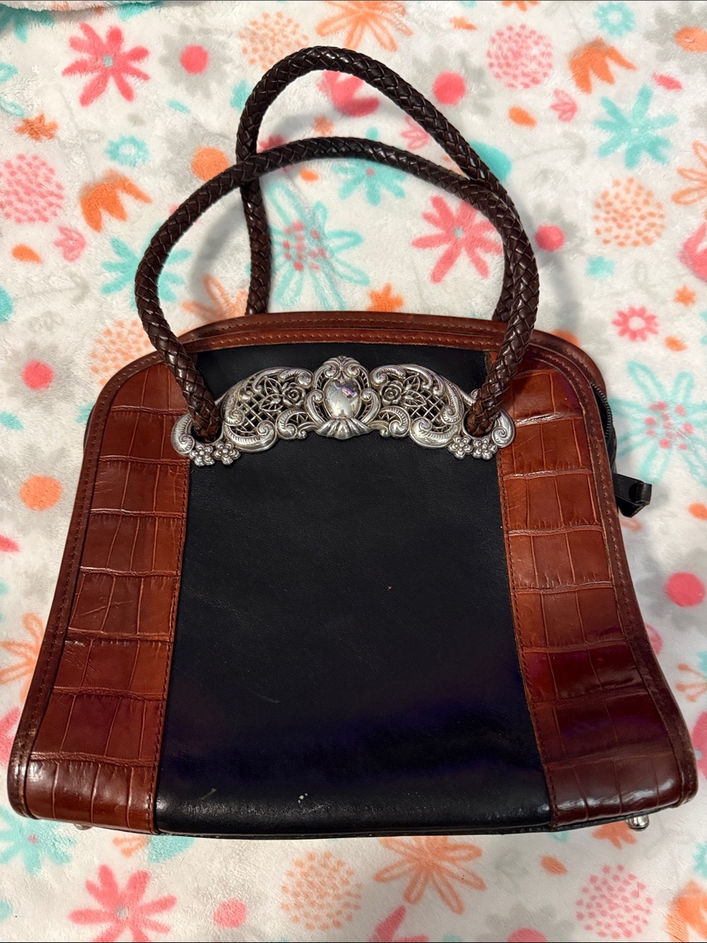 Vintage Brighton Chantilly Lace Leather Purse – Brown & Black Crocodile Embossed